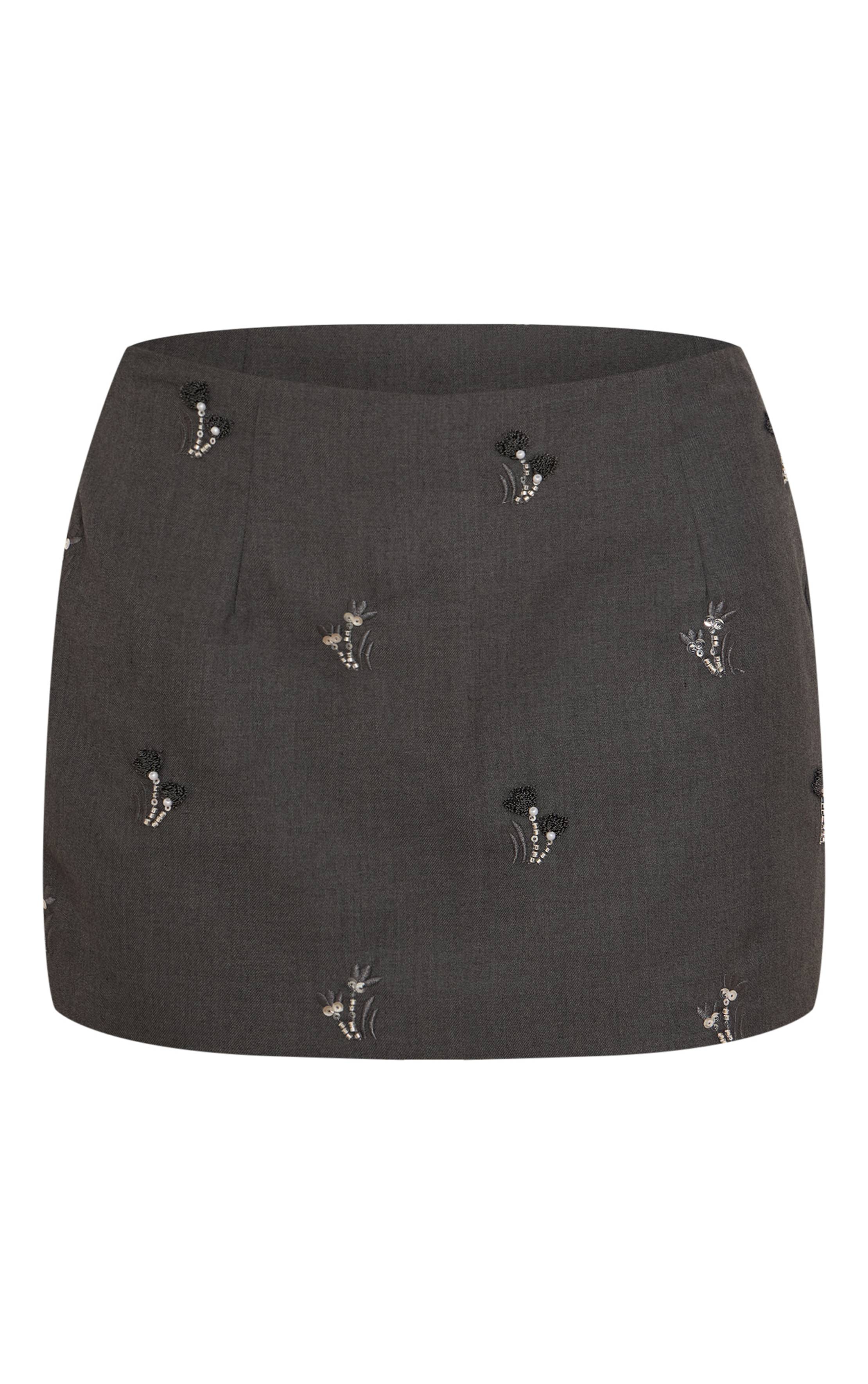 Charcoal Grey Mini-jupe Coordonnée En Tissu Tissé Avec Broderies Et Détails De Sequins