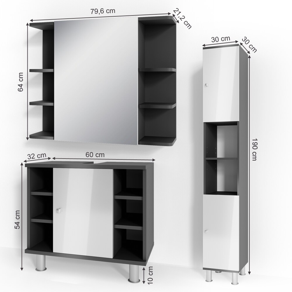 VICCO Badmöbel Set FYNN 3 Teile Anthrazit Weiß - Badezimmer Spiegel Badunterschrank Hochschrank