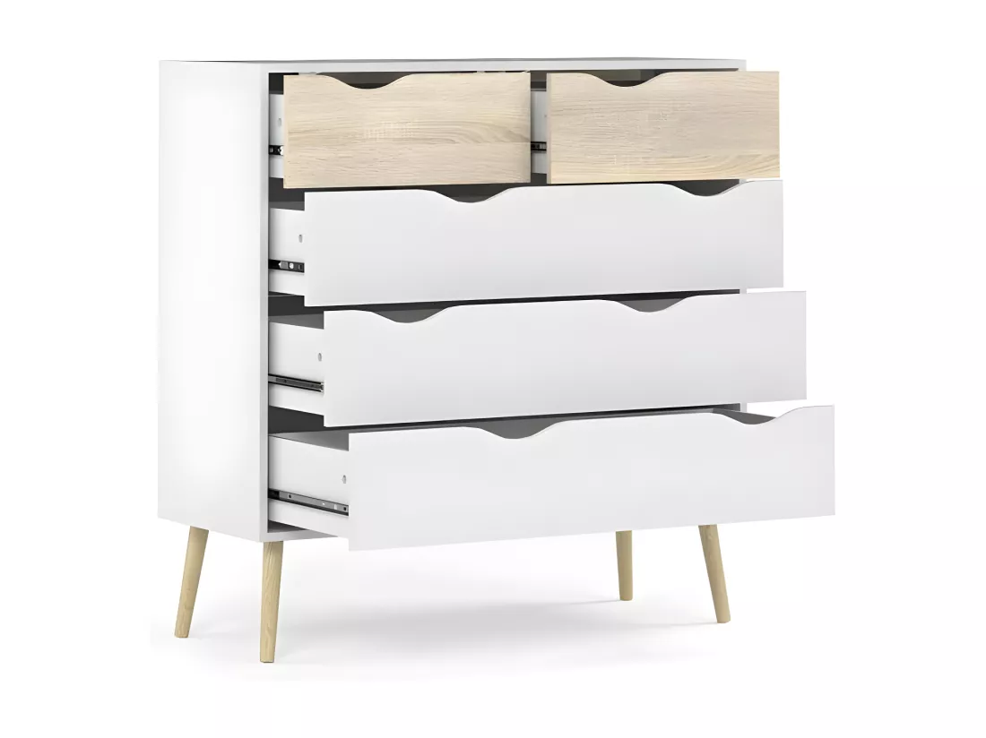 Commode à cinq tiroirs, blanc et chêne, Mesures 98 x 100 x 39 cm