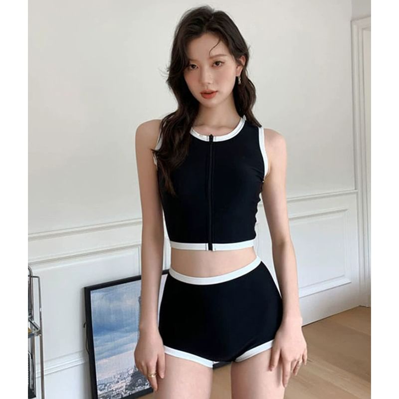 Starleraid - Set: Contrasterende Trim Crop Tankini Top + Onderstuk