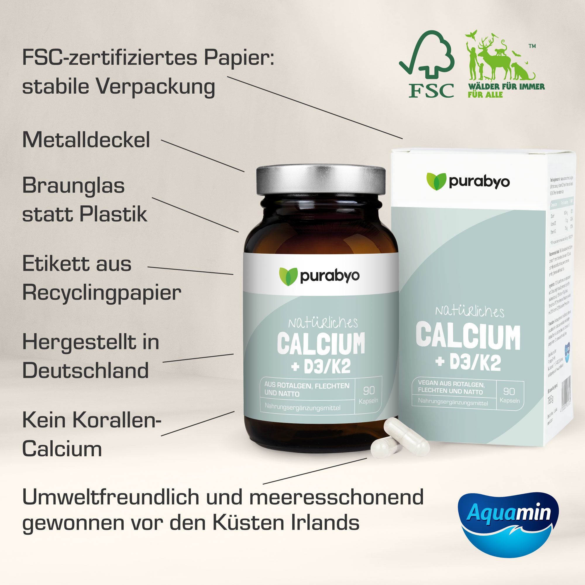 Purabyo Natürliches Calcium + D3/K2