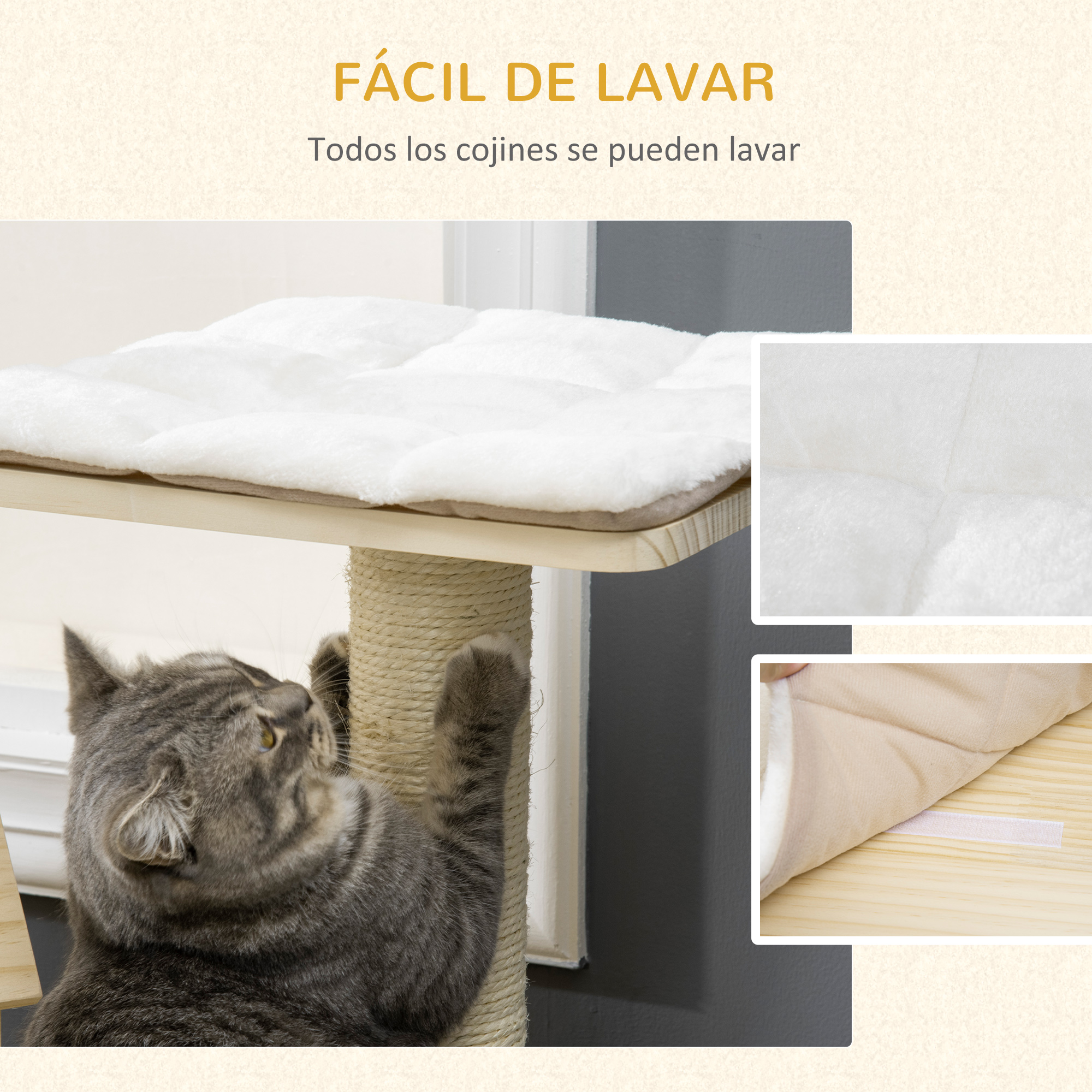 Arranhador de madeira para gatos PawHut, 125 cm de altura, torre para gatos com camas, almofada lavável, caverna, rolo, postes de sisal e rampa, 70 x 50 x 125 cm, cor natural.