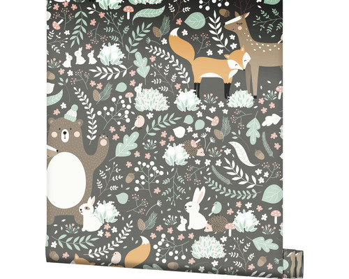 Vliesbehang 45870 Kids Walls Animals groen antraciet bruin
