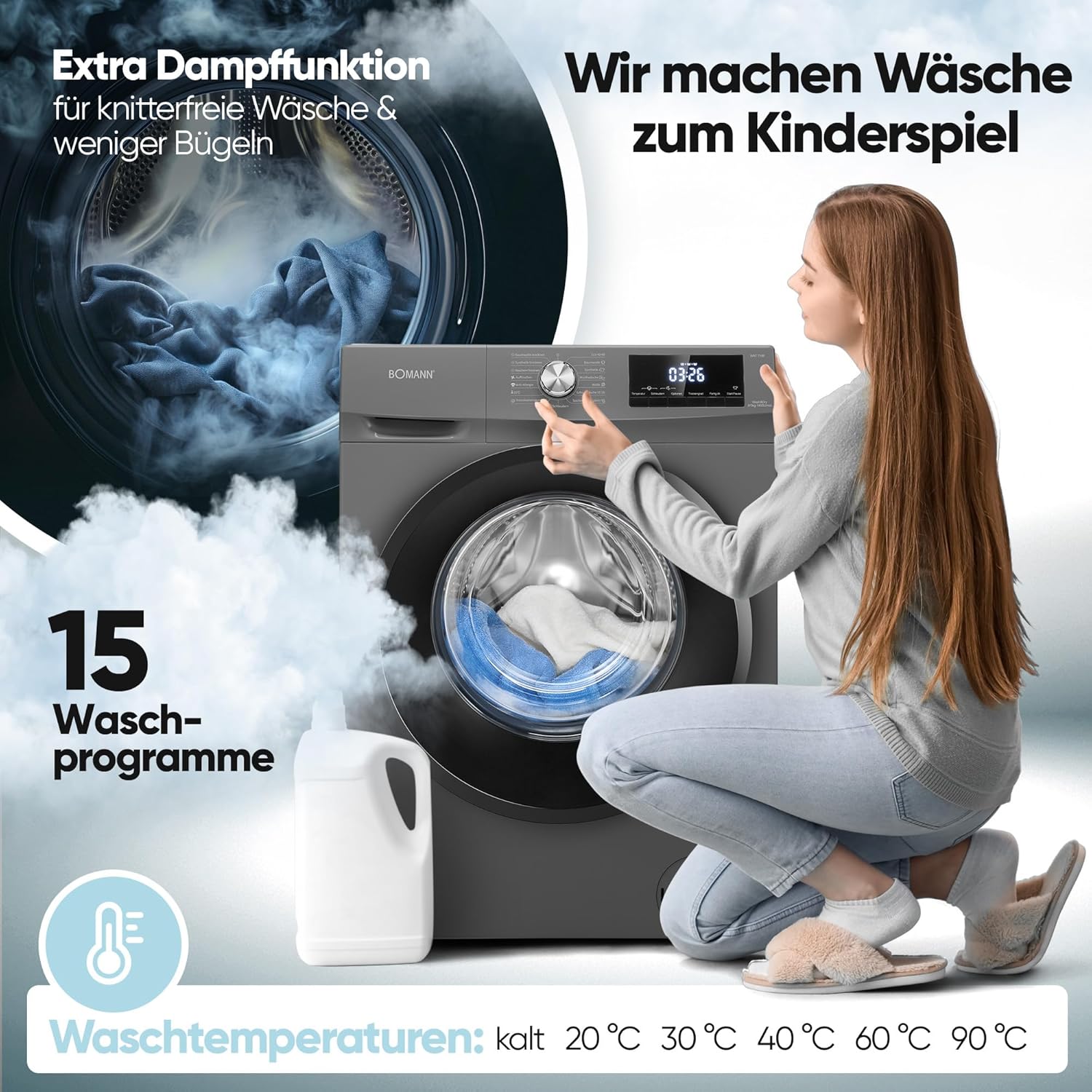 Bomann® Waschtrockner | Waschen und Trocknen | 10 Jahre Motor-Garantie | 8 kg Waschen, 5 kg Trocknen | Invertermotor | 1400 U/Min | Waschmaschine mit Trockner integriert | WAT 7186 titan