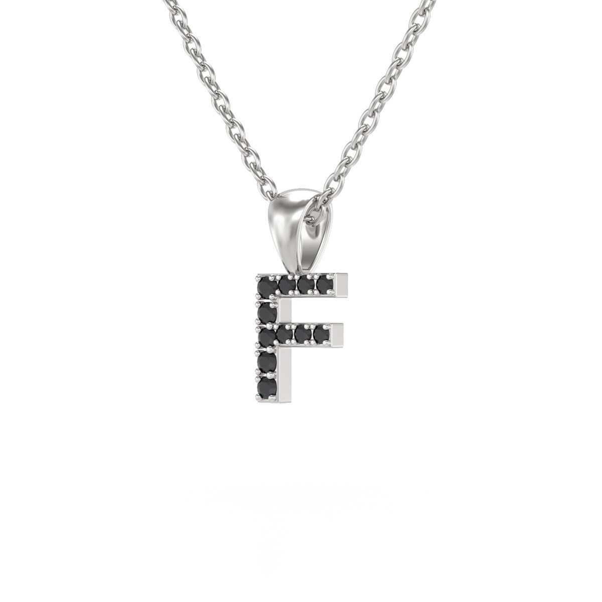 Collier Pendentif ADEN Lettre F Diamant Noir Chaine Argent 925 incluse 0.72grs
