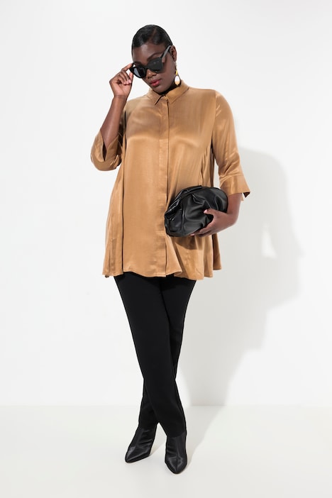 Bluse, Godetfalten, A-Linie, Hemdkragen, 3/4-Arm, Cupromix