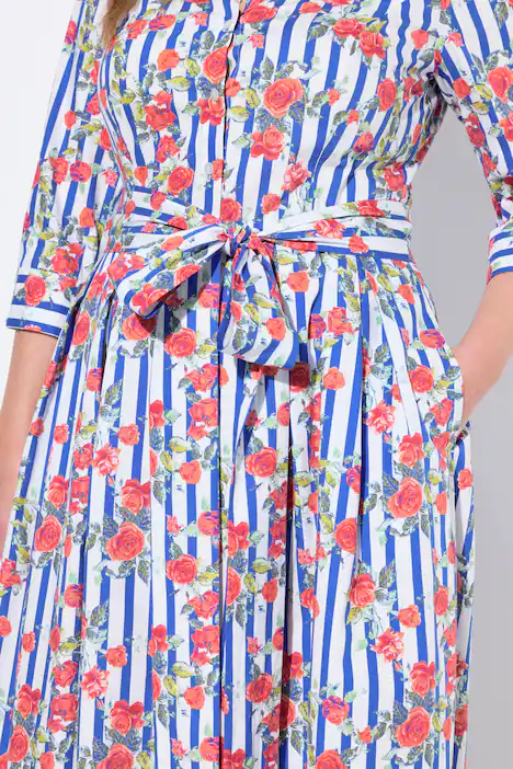 Hemdblusenkleid, Blüten, A-Linie, Hemdkragen, 3/4-Arm, royalblau