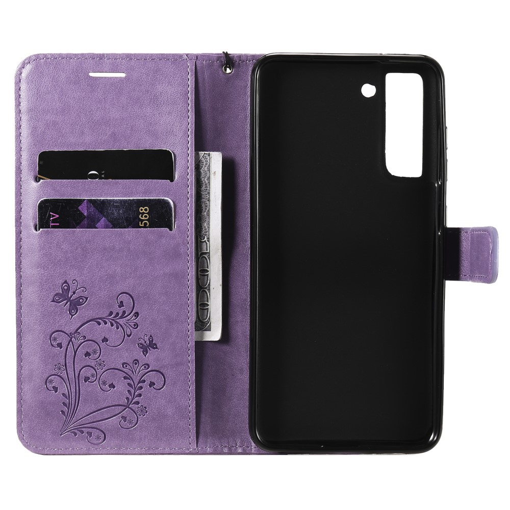 Samsung Galaxy S21 FE 5G Leder Tasche mit Kartenfach   Handschlaufe Schmetterling - Lila