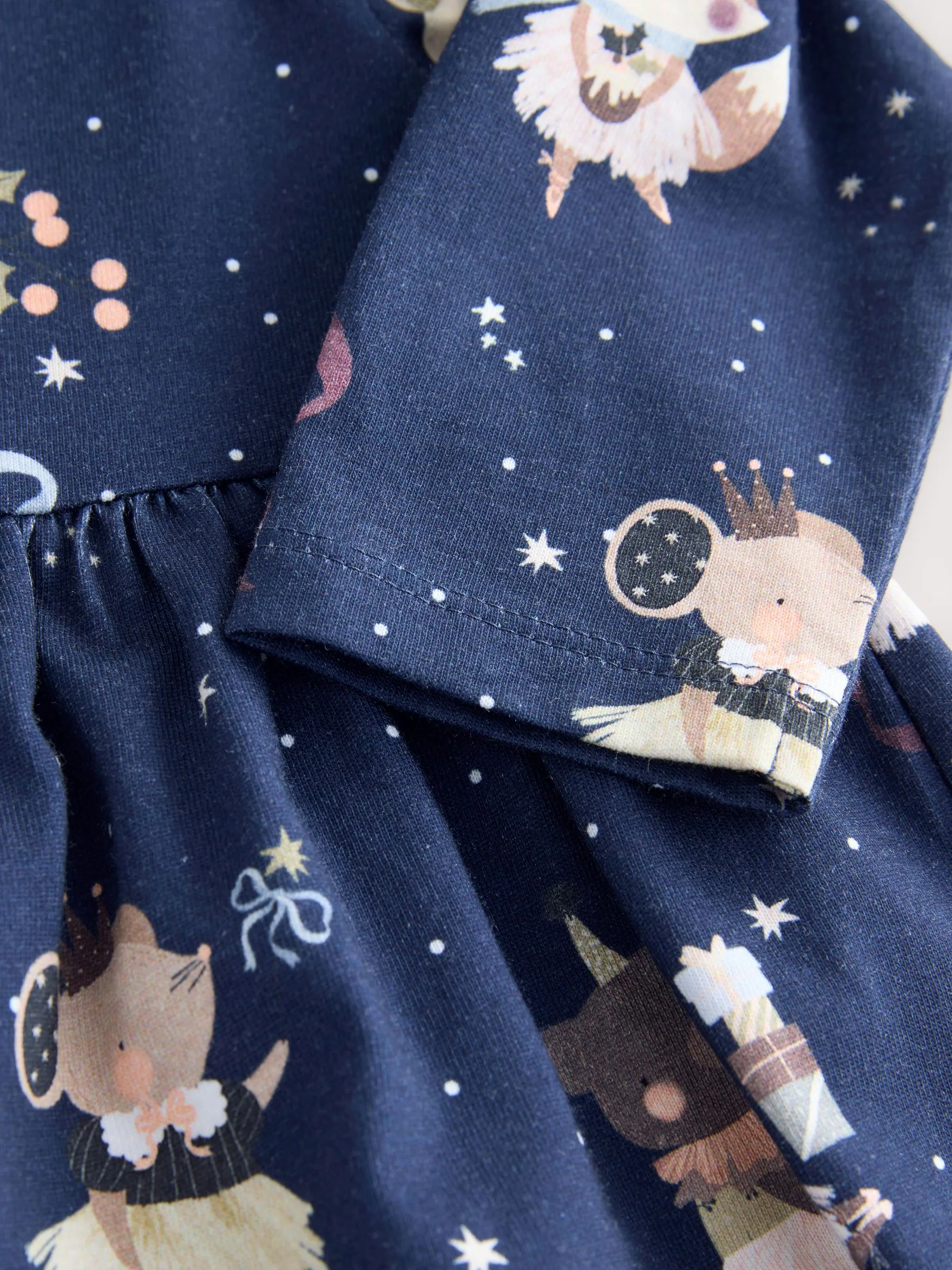Marineblauw met figuurtjes - Kerstjurk met lange mouwen (3mnd-7jr)