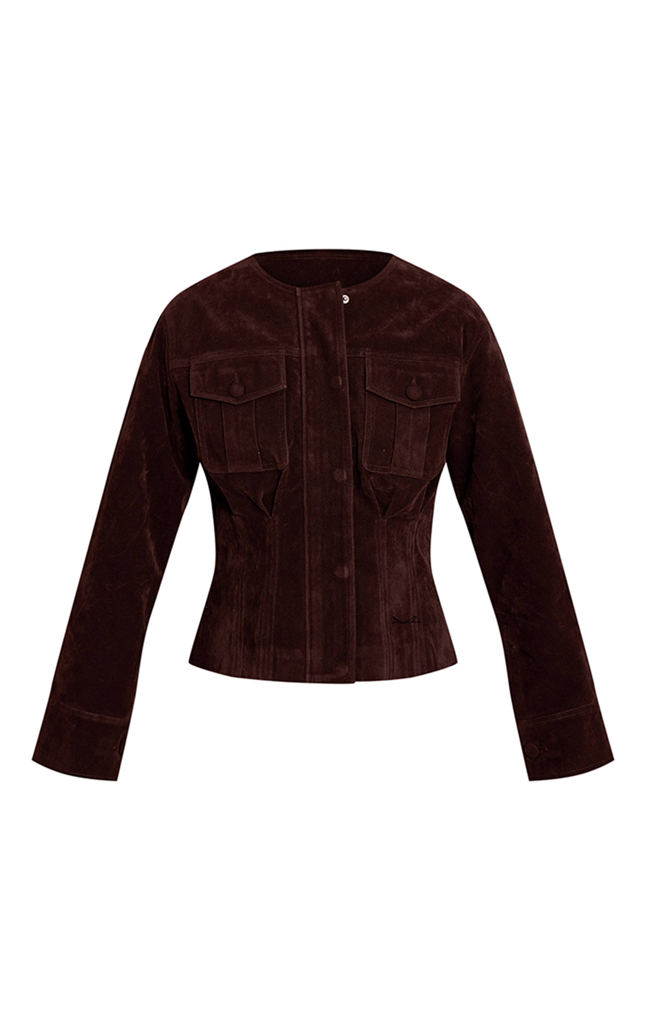 Chocolat Veste Cintrée À La Taille Avec Boutons Recouverts En Faux Suède