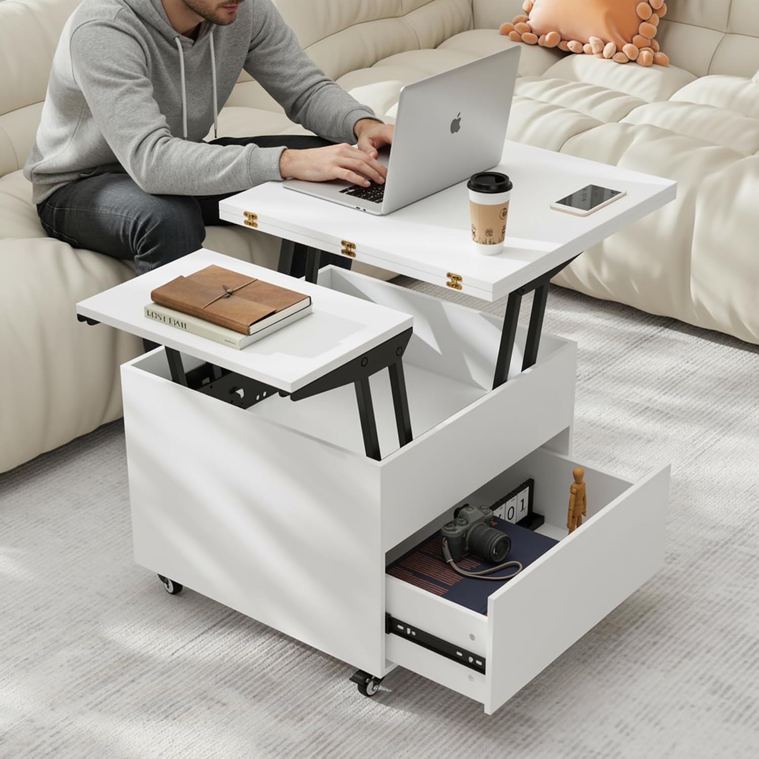 VOWNER Couchtisch Höhenverstellbar, 3-in-1-Multifunktions-Couchtisch Umwandelbar in Wohnzimmer-Esstisch, Couchtisch mit Verstecktem Stauraum, 120L x 60W x 68H cm (Weiß)
