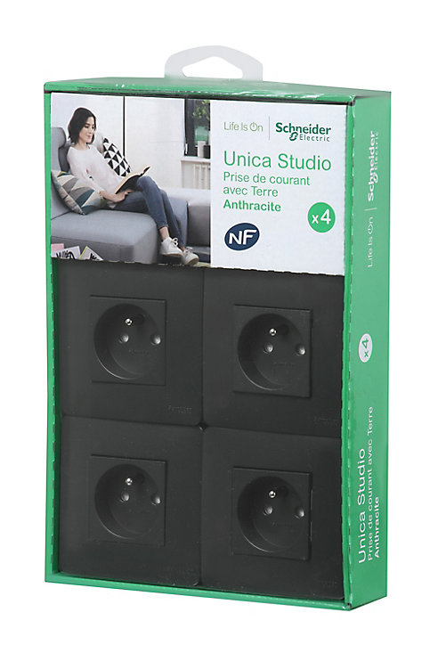 Prise avec terre complète Schneider Electric Unica Déco anthracite, lot de 4