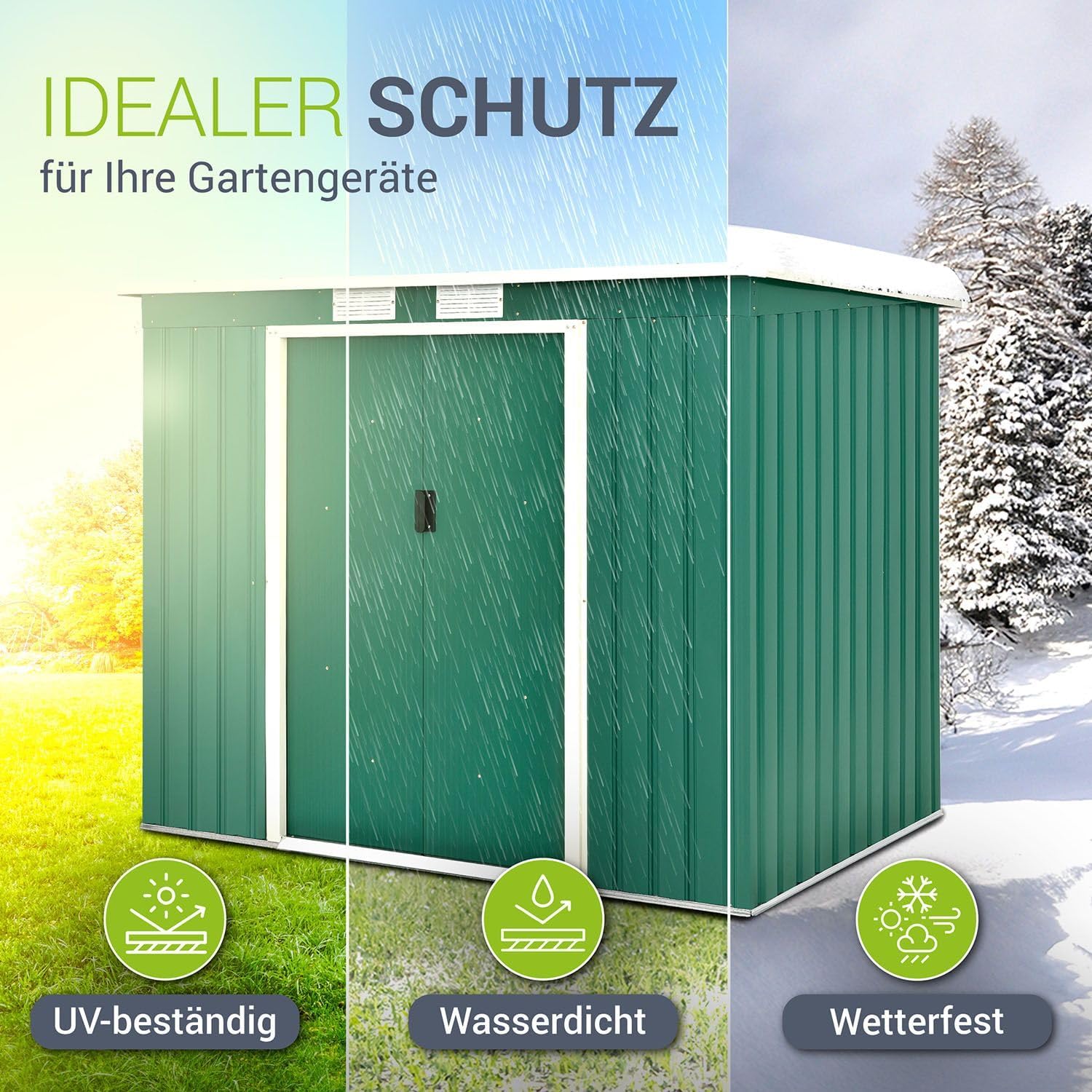 Juskys Metall Gerätehaus M 4 m³ mit Fundament, 213 x 130 x 173 cm, Geräteschuppen mit Pultdach & Schiebetür, Stahl Gartenhaus Garten Schuppen, grün