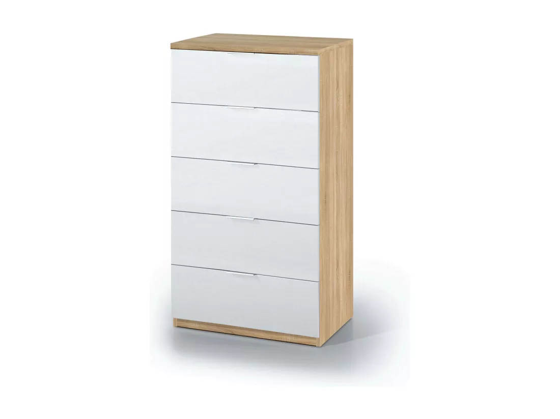 Commode Dhvali, commode à 5 tiroirs, commode pour la chambre, commode moderne, 60x40h110 cm, chêne et blanc
