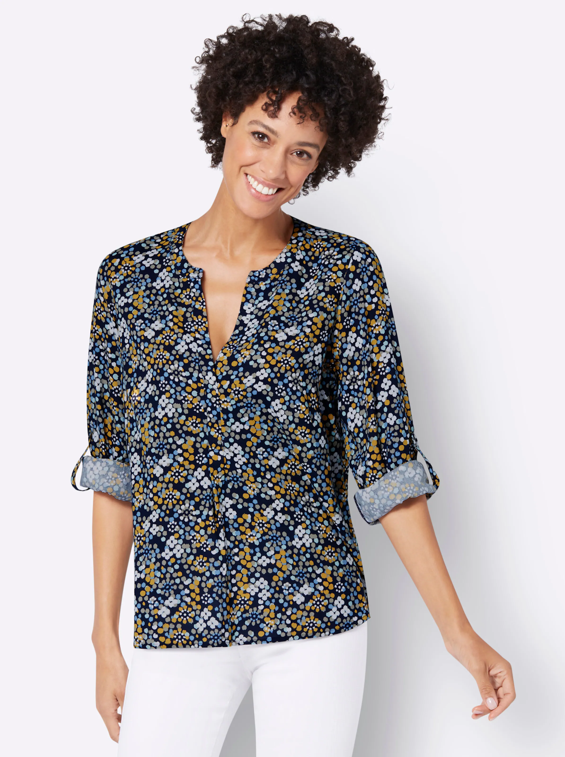 Druckbluse in marine-bedruckt