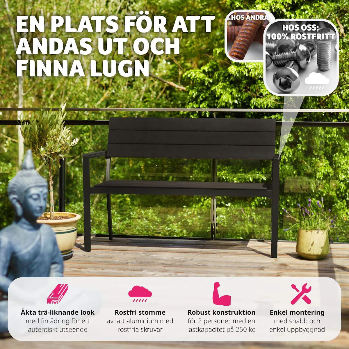 Hagebenk Line 2-seter med aluminiumsramme 128x59x88cm - mørkegrå