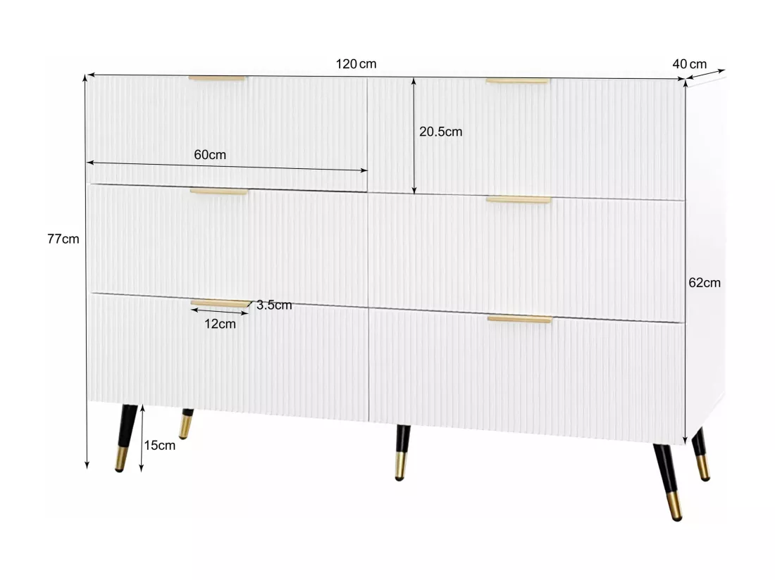 Buffet, commode avec 6 tiroirs - 120 x 40 x 77 cm - Panneaux de particules - Poignées et pièds dorés - Blanc