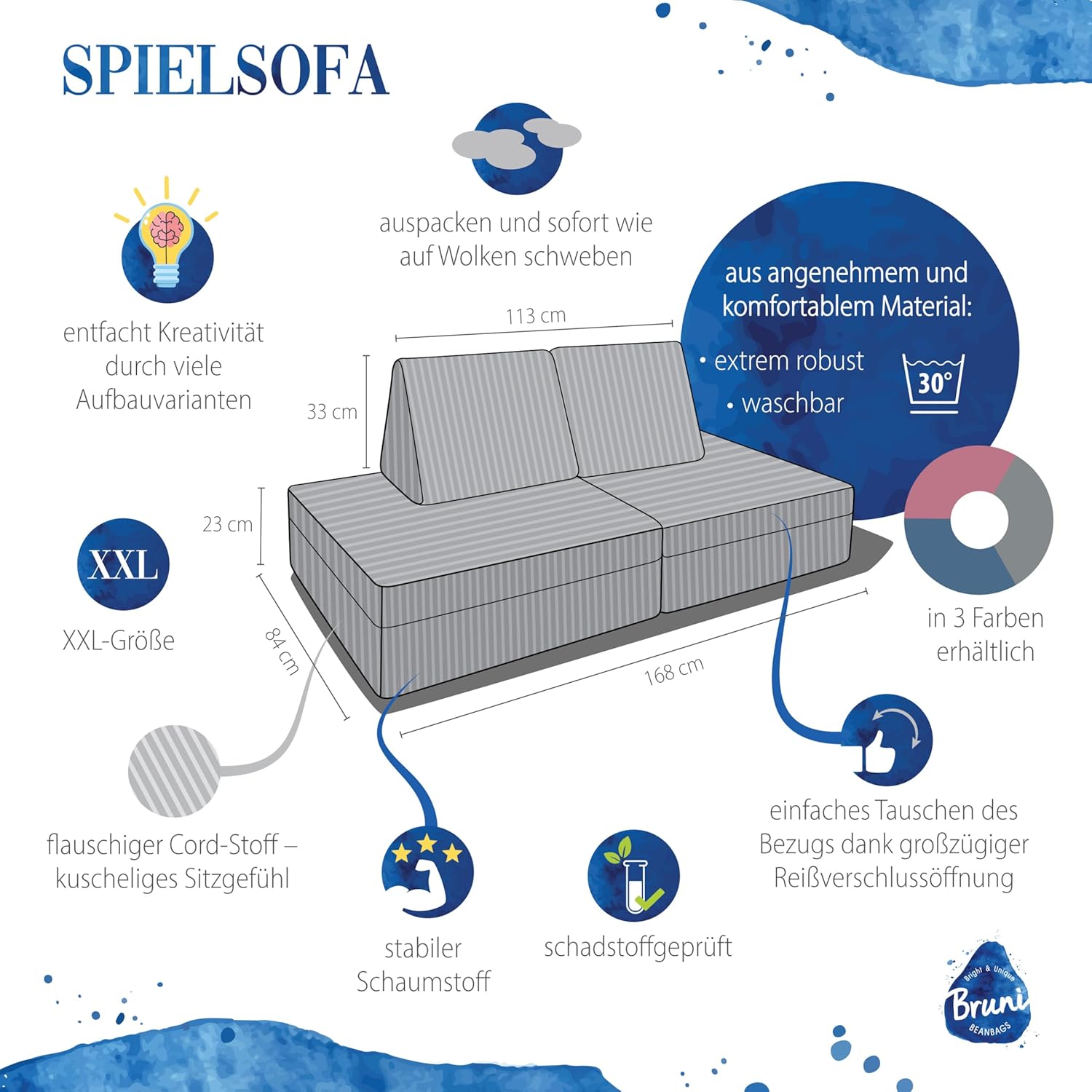 Bruni Spielsofa Cord für Kinder in Grau - großes XXL-Sofa fürs Kinderzimmer, Schlafsofa mit abnehmbarem, flauschigem Cord-Bezug, in Österreich entwickelt