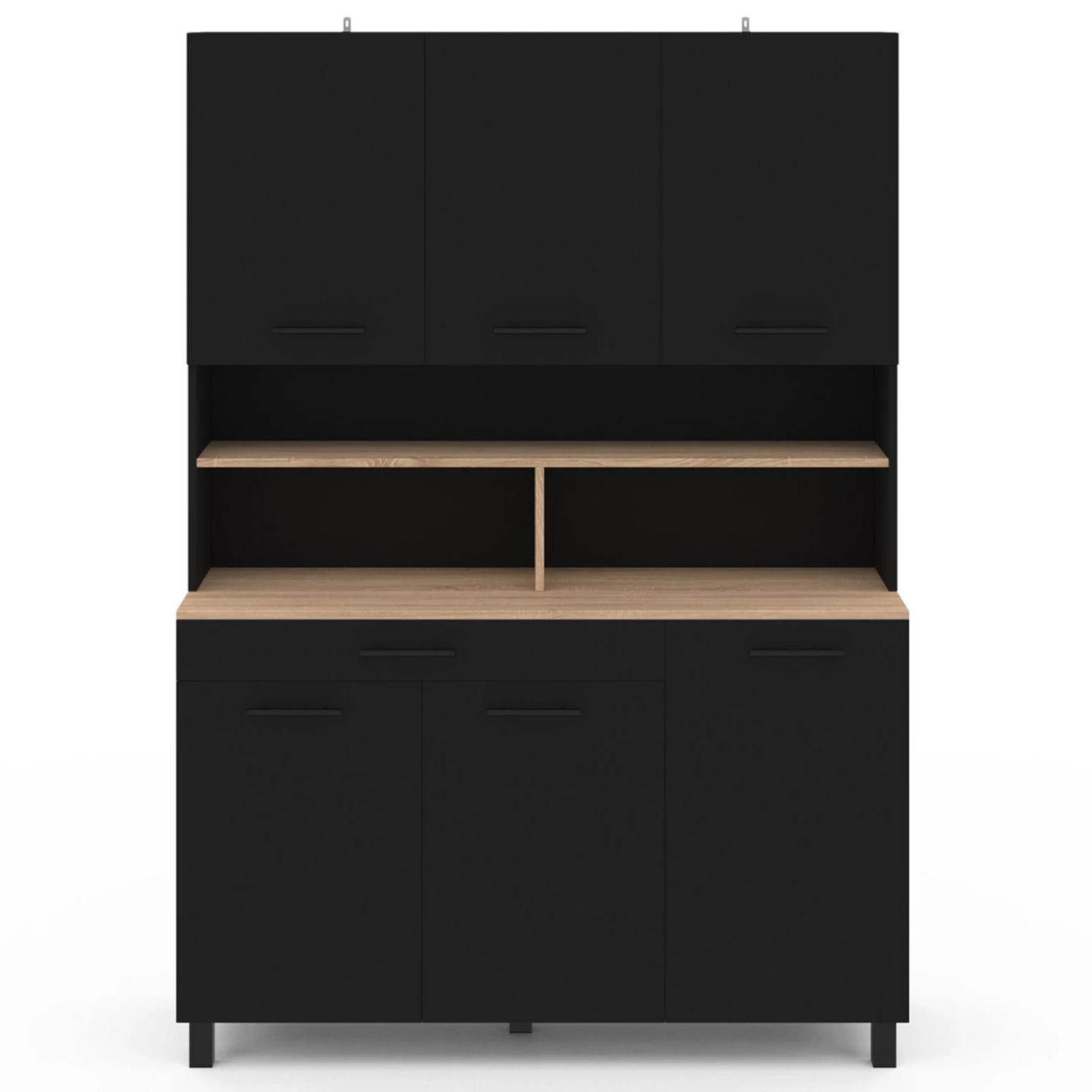 Buffet de cuisine 120 cm CINA 6 portes + tiroir noir et plateaux façon hêtre