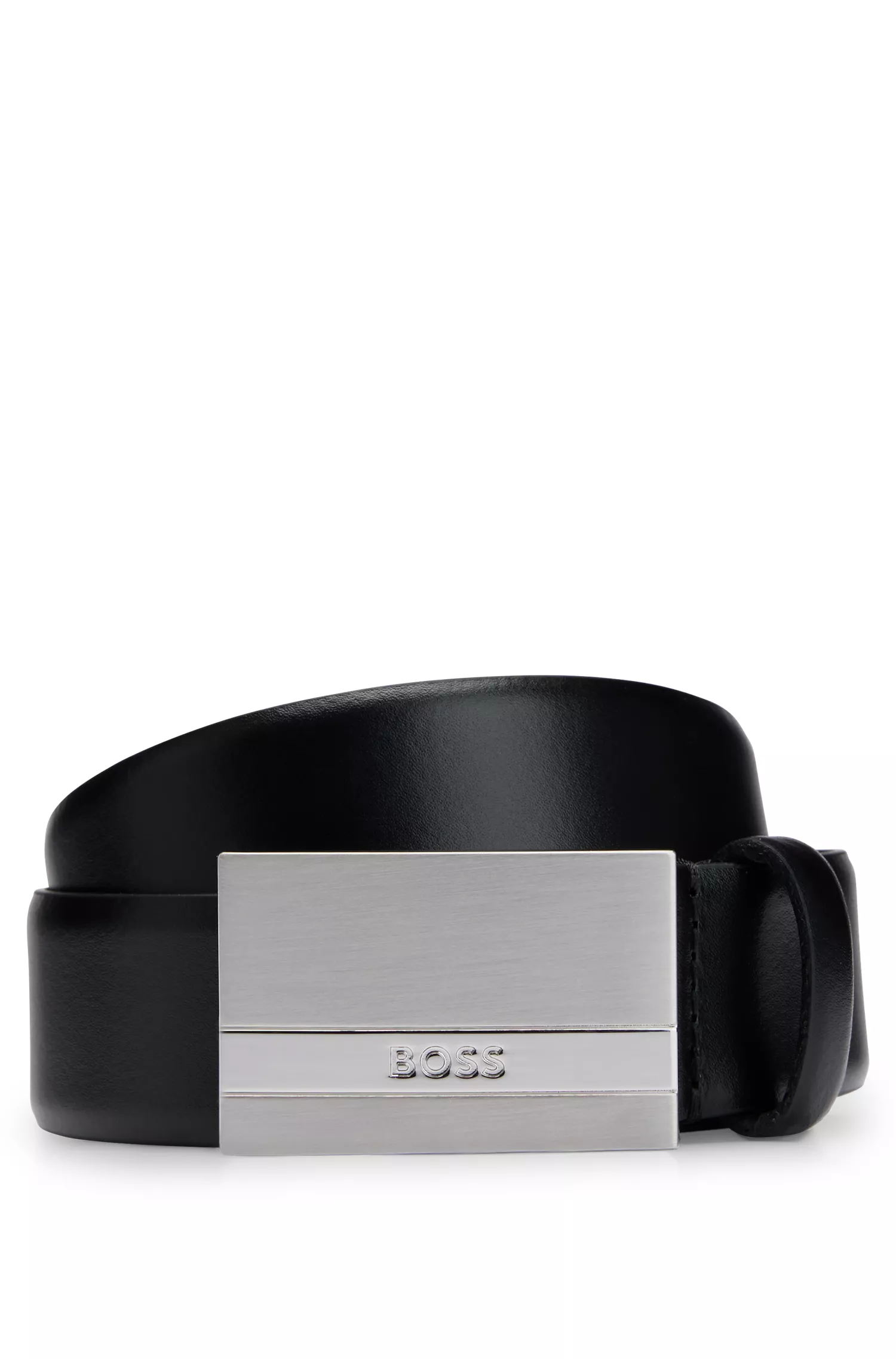 Cinto BOSS em couro italiano preto com fivela com placa de logotipo.
