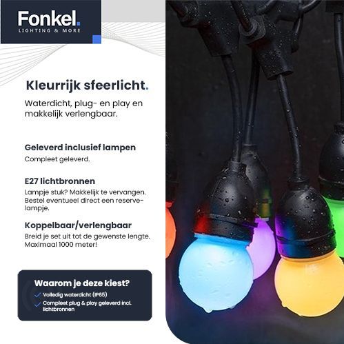 30m LED Prikkabel - IP65 Lichtsnoer Buiten - koppelbaar - inclusief 30x gekleurde E27 lampen - Incl. Stekker