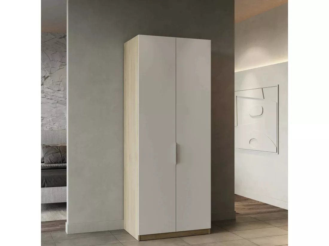 Garde-robe 2 portes Djakobsso, Meubles de chambre, Penderie de plain-pied, Placard à vêtements, 79x51 h203 cm, Chêne clair et Blanc mat