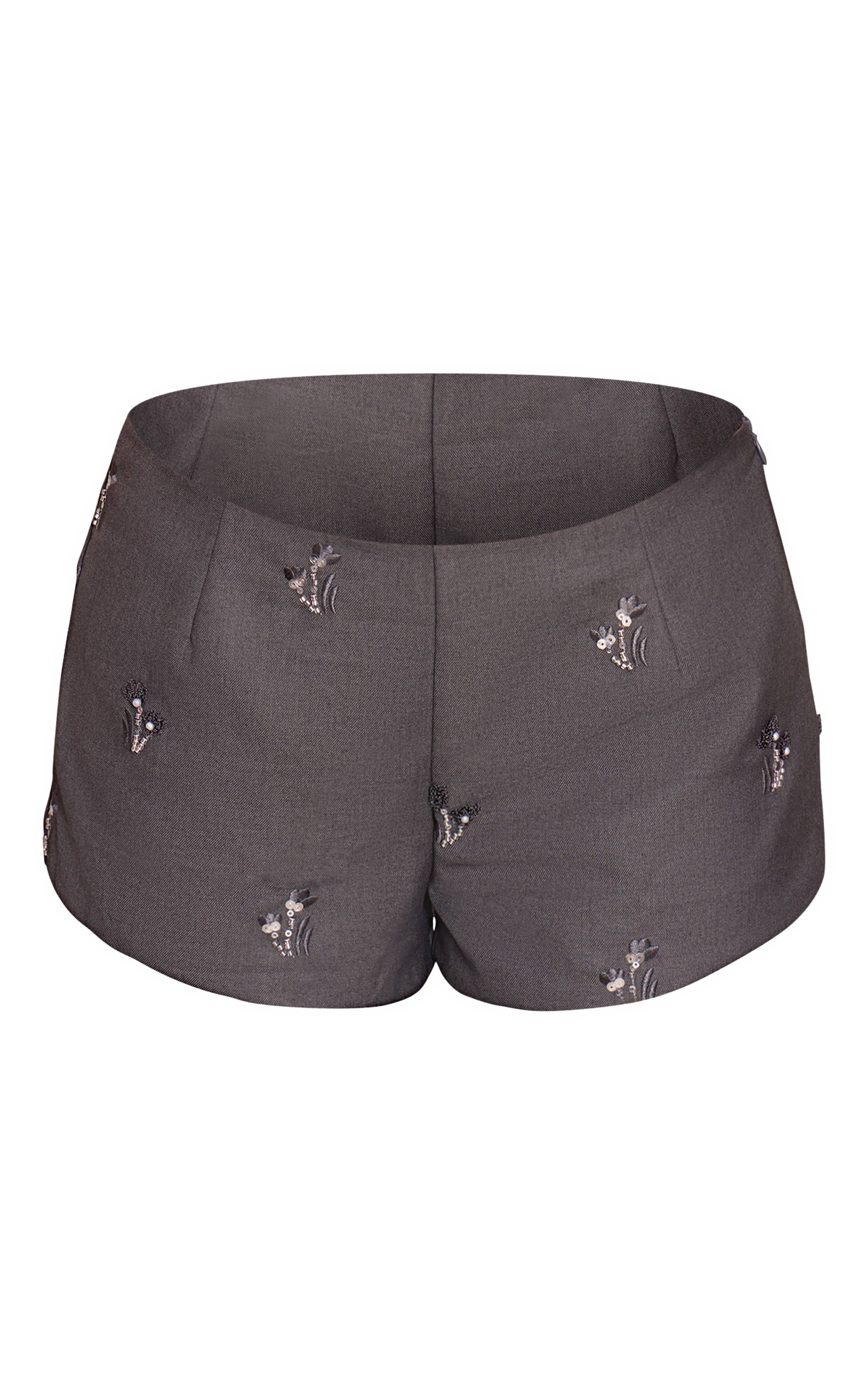Charcoal Grey Short Taille Haute Tissé À Fleurs Et Sequins Ajusté