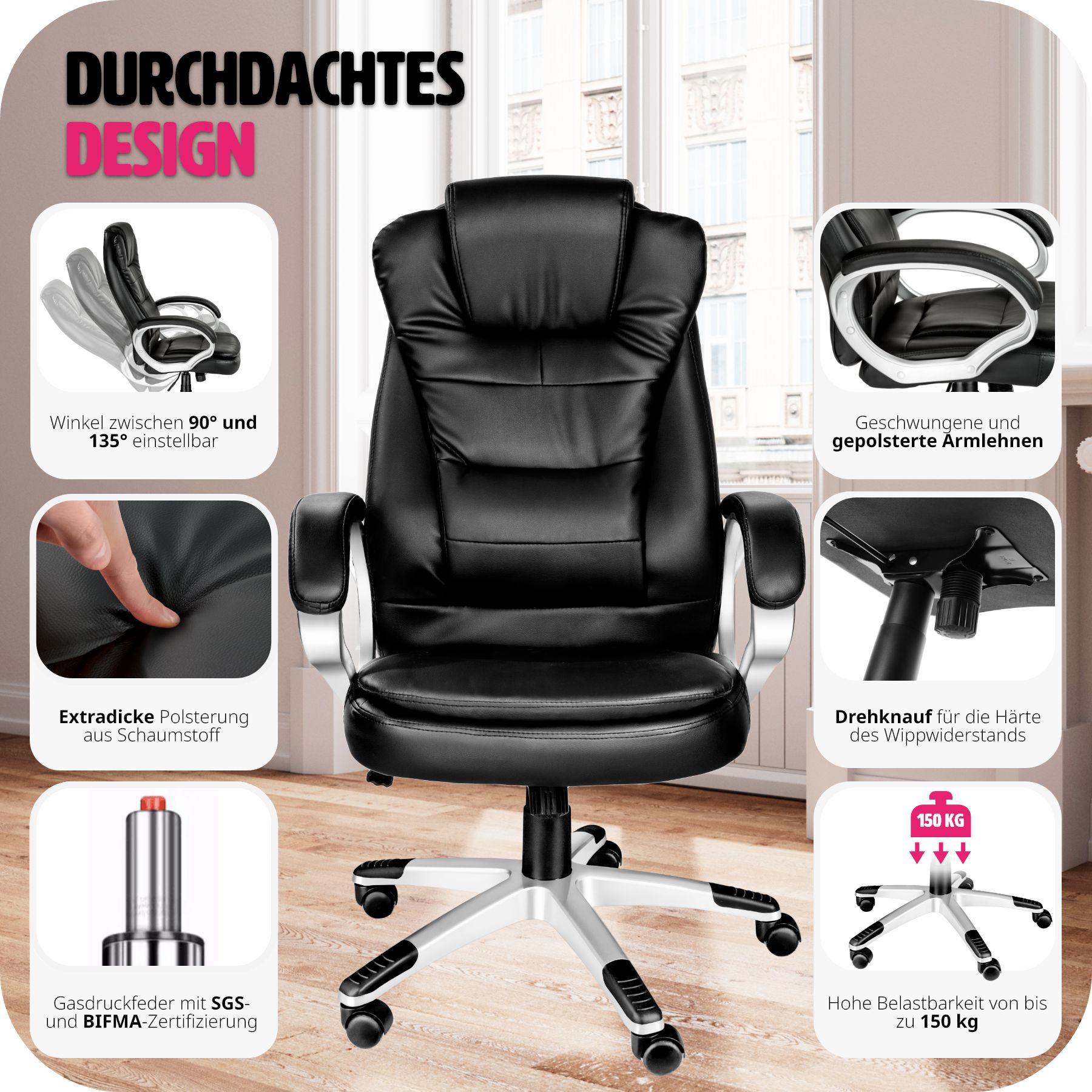 tectake® Bürostuhl, 360° drehbar und stufenlos höhenverstellbar, dicke Polsterung mit Kunstlederbezug, einstellbare Wippfunktion