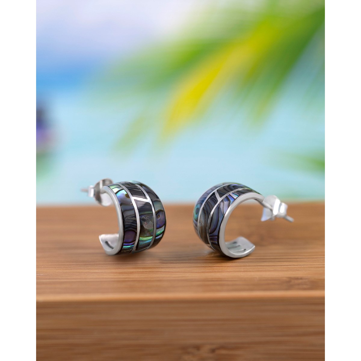 Boucles d'oreilles ADEN créoles ethniques nacre abalone sertie argent 925