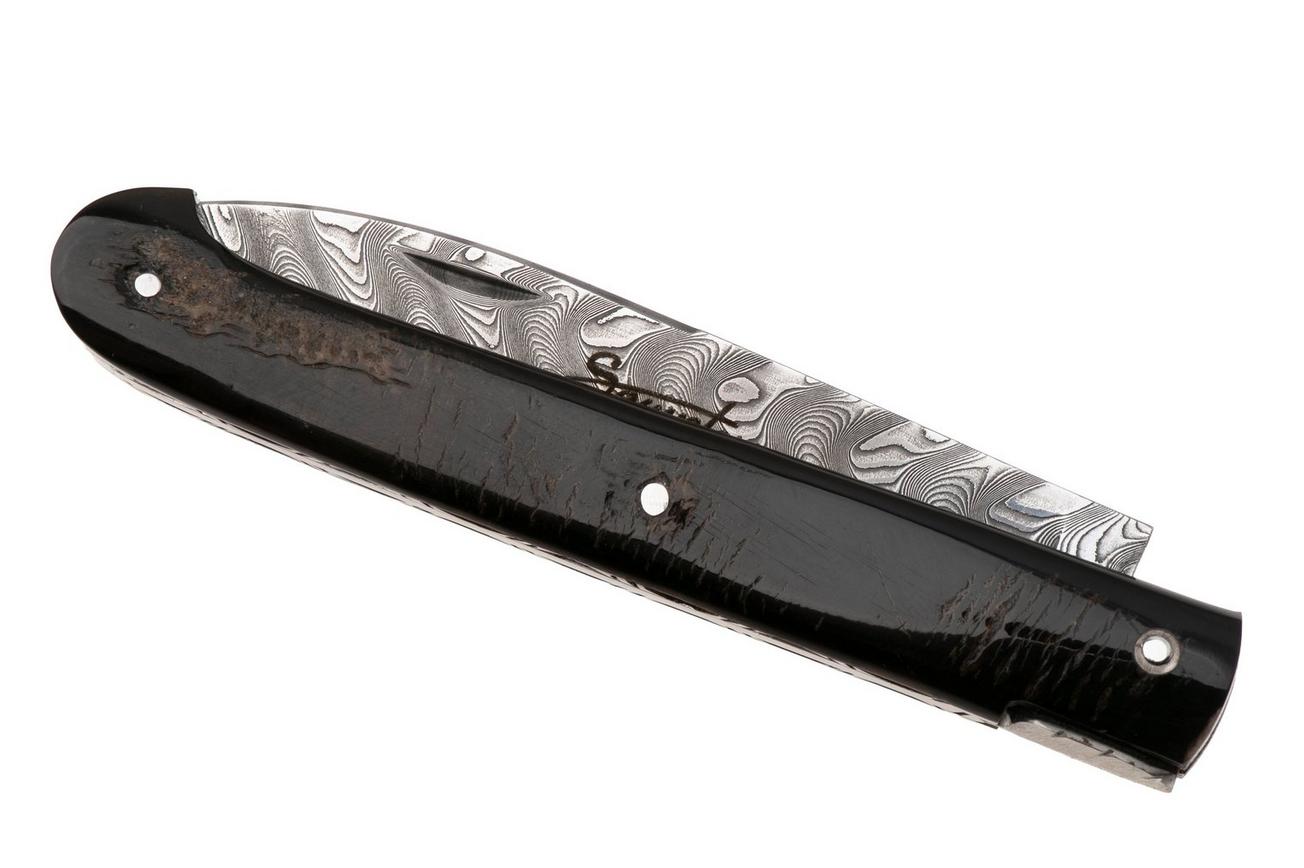 Laguiole en Aubrac Sauveterre Buffalo Crust, Handcarved Plates, Balbach Damascus, zakmes, 11 cm