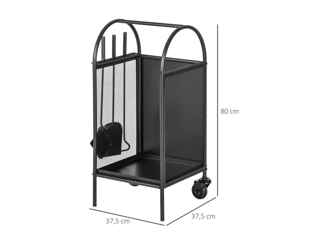 Chariot - porte bûches - range bûches - multi-accessoires avec 2 roulettes métal noir