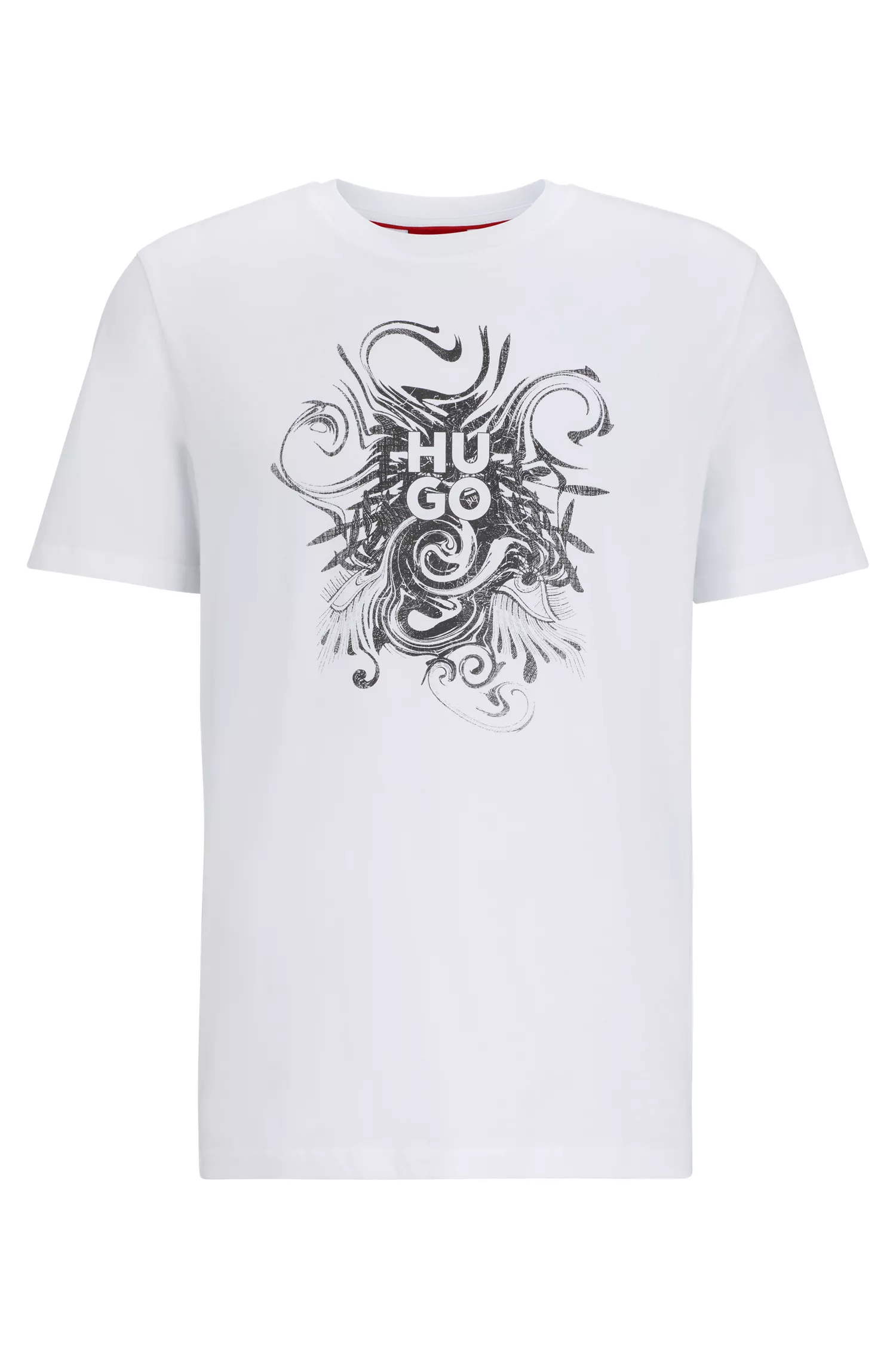 Camiseta HUGO vermelha em malha de algodão com estampa de logos sobrepostos