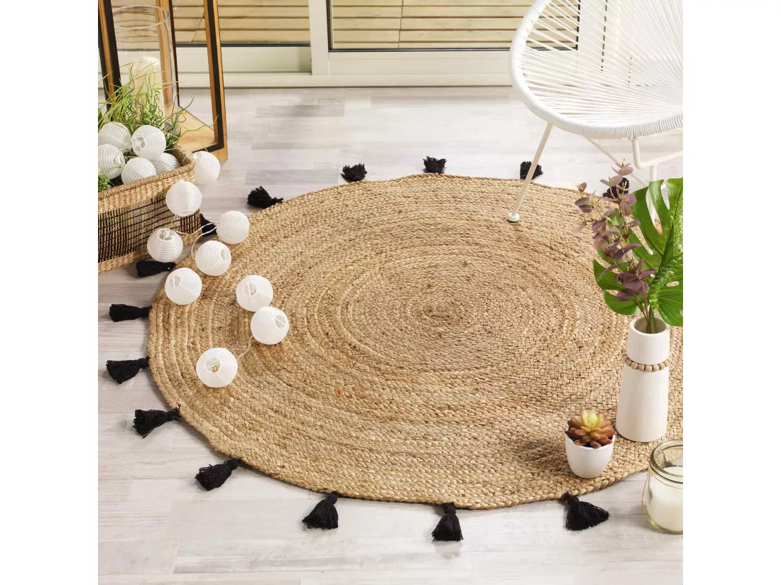 Tapis rond à pompons - D 120 cm - Shira Noir