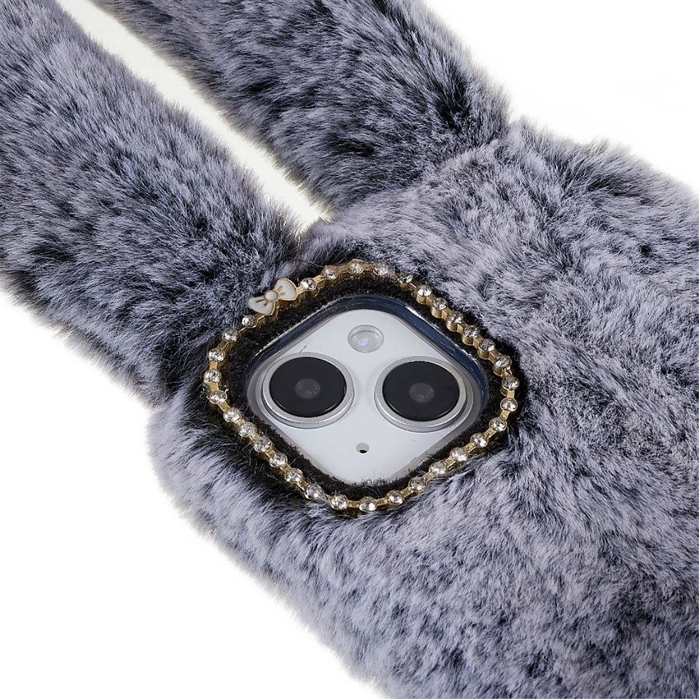 iPhone 14 3D Gummi Plüsch Case Hülle Bunny mit Flauschigen Hasenohren - Grau