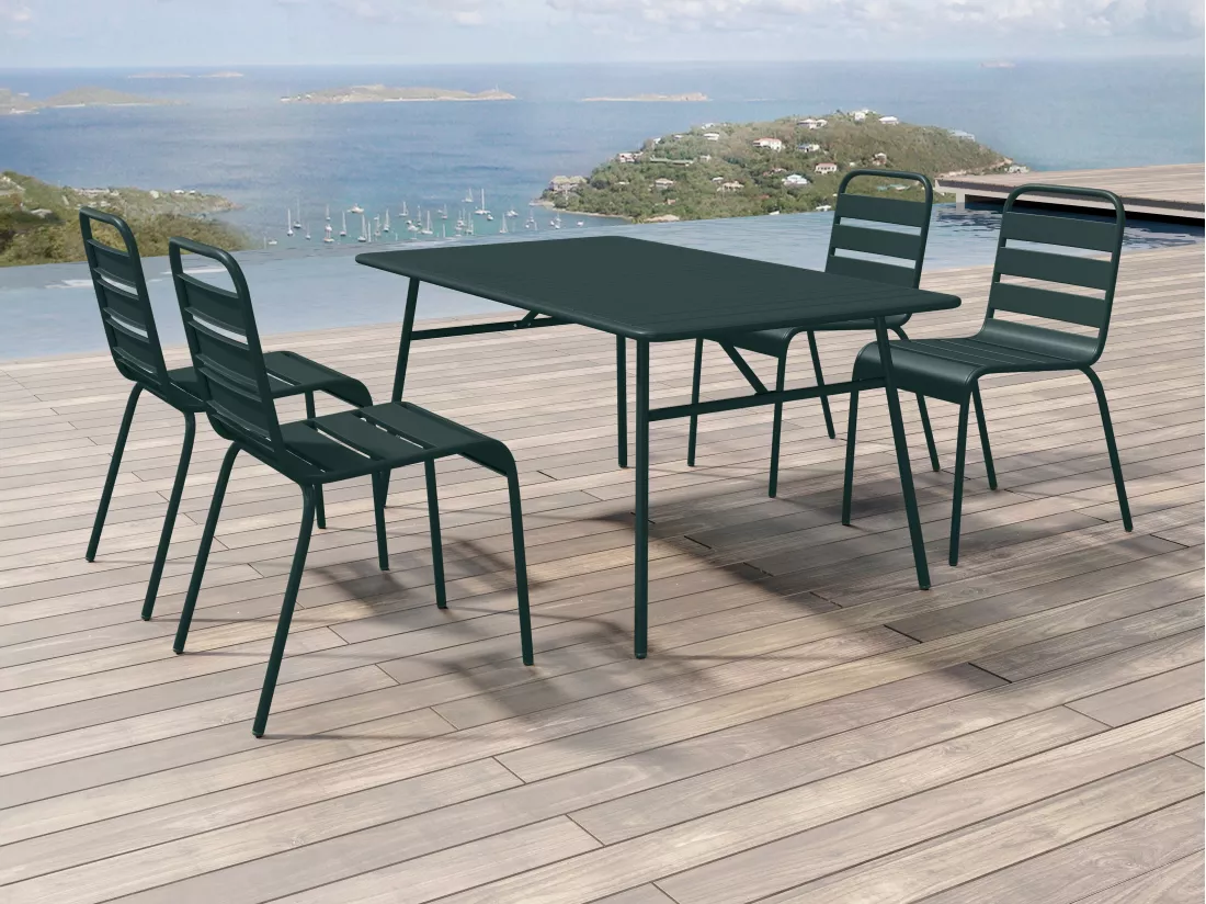 Salle à manger de jardin en métal - une table L.160 cm et 4 chaises empilables - Vert sapin - MIRMANDE de MYLIA