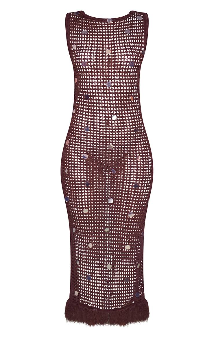 Chocolat Robe Maxi Tricot À Sequins Avec Ourlet À Franges