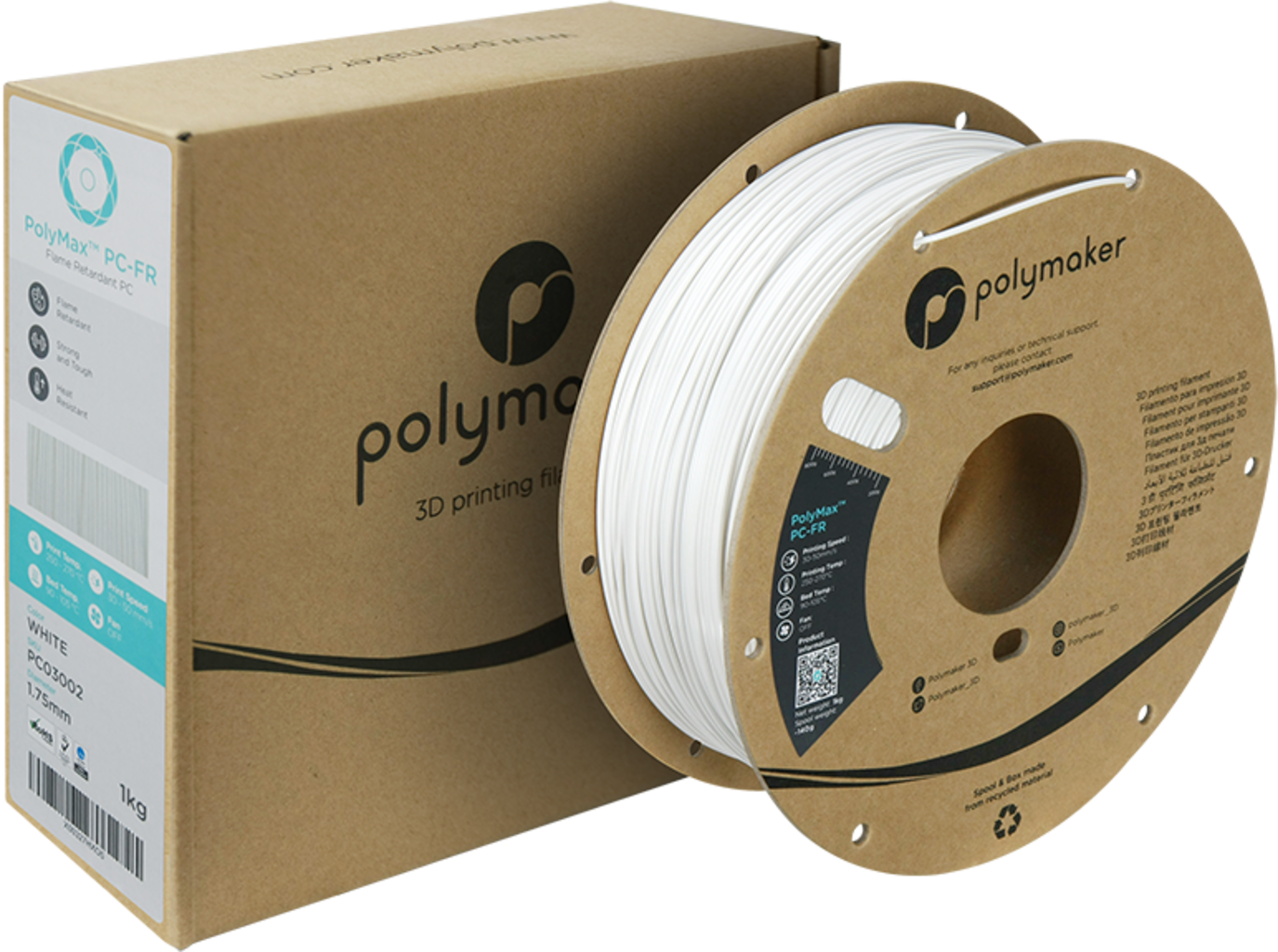 Polymaker  PolyMax PC-FR White, 1,75 mm (1.000 g)    Flammhemmendes PC Filament in Weiß