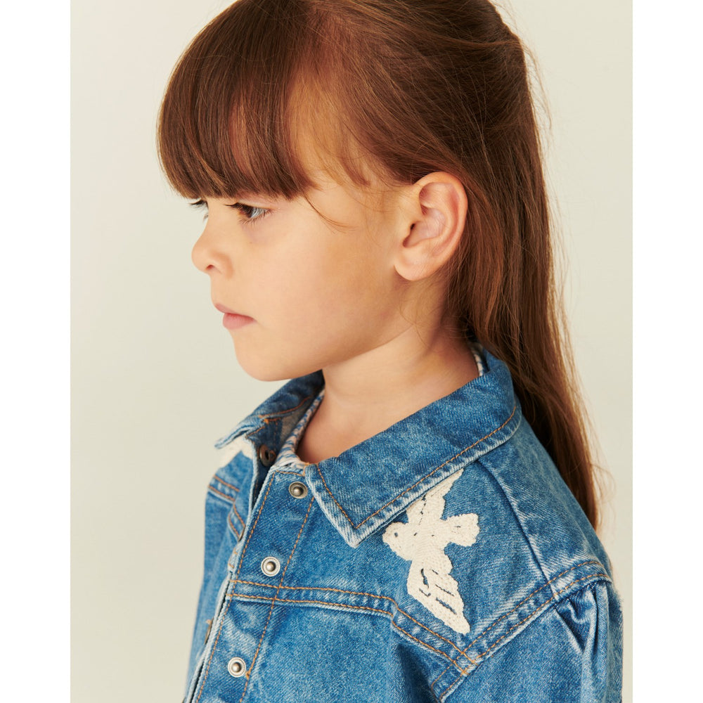 Køb COPENHAGEN COLORS Indigo Blue Washed Denim Flæse Jakke W. Crochet Doves