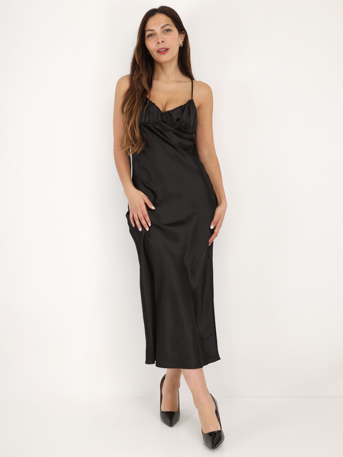 Robe satinée style corset froncé- Noir
