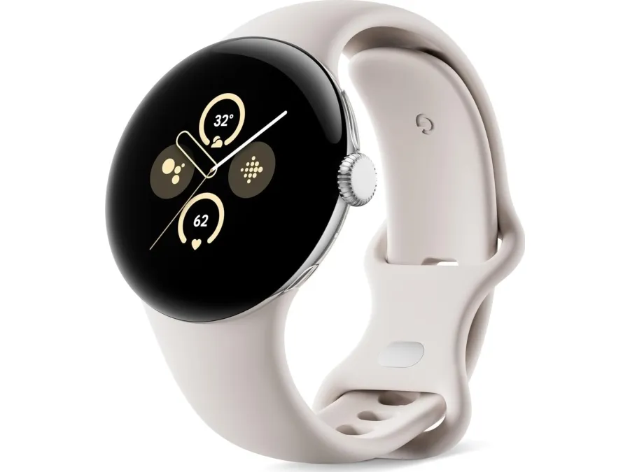 Google Pixel Watch 2 - Poleret sølvaluminium - smart ur med aktivt bånd - fluoroelastomer - porcelæn - båndstørrelse: S/L - 32 GB - Bluetooth, Wi-Fi, NFC, LTE - 4G - 31 g
