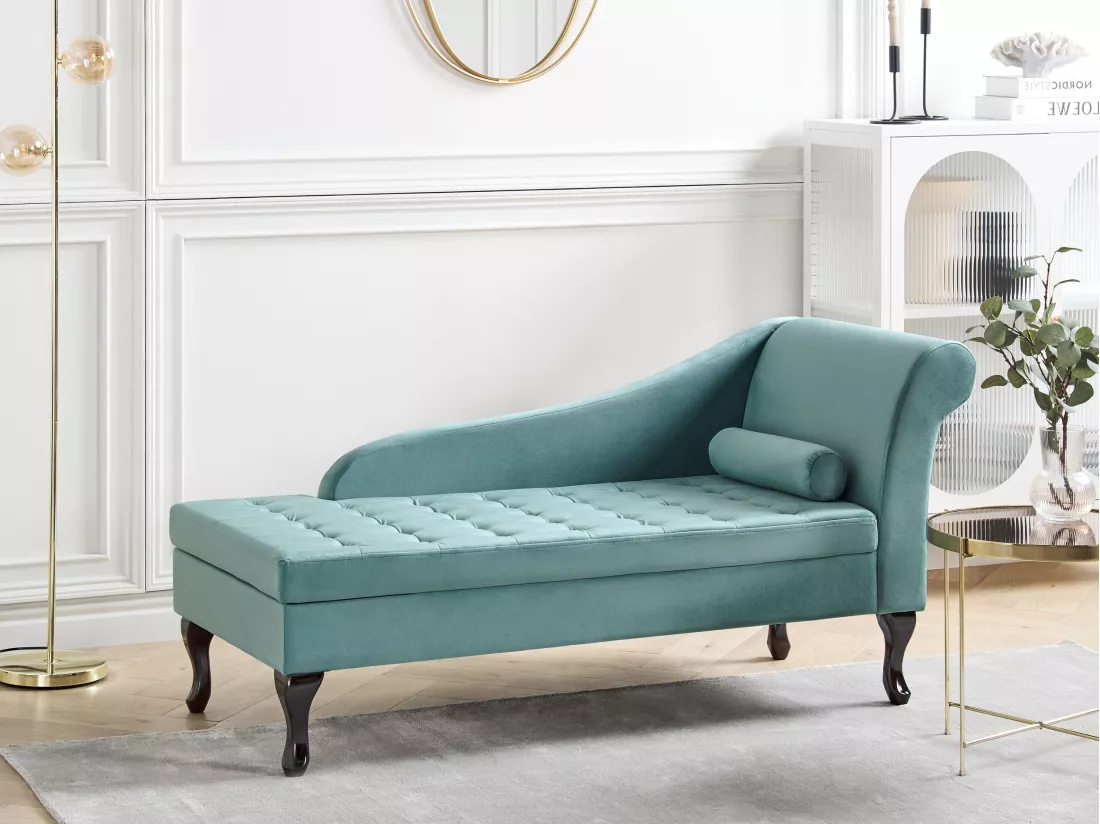 Chaise longue côté droit en velours bleu paon avec rangement PESSAC