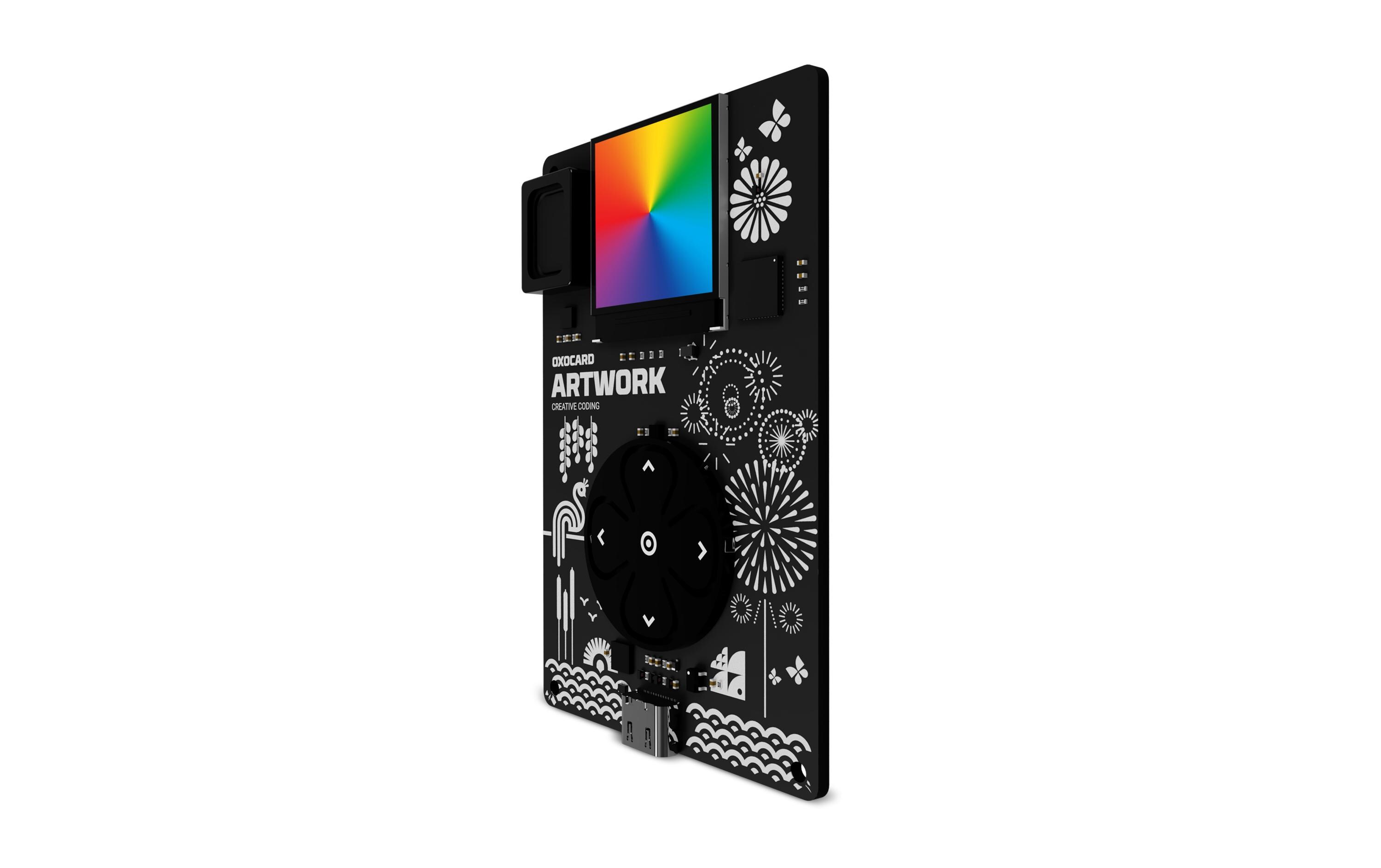 Entwicklerboard Oxocard mini ArtworkOxocard ist ein interaktiver, programmierbarer Minicomputer im Kreditkartenformat