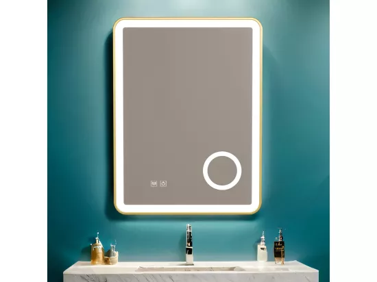 Miroir salle de bain LED 60x80 anti buée avec cadre en aluminium doré et loupe x3 LB-4685G