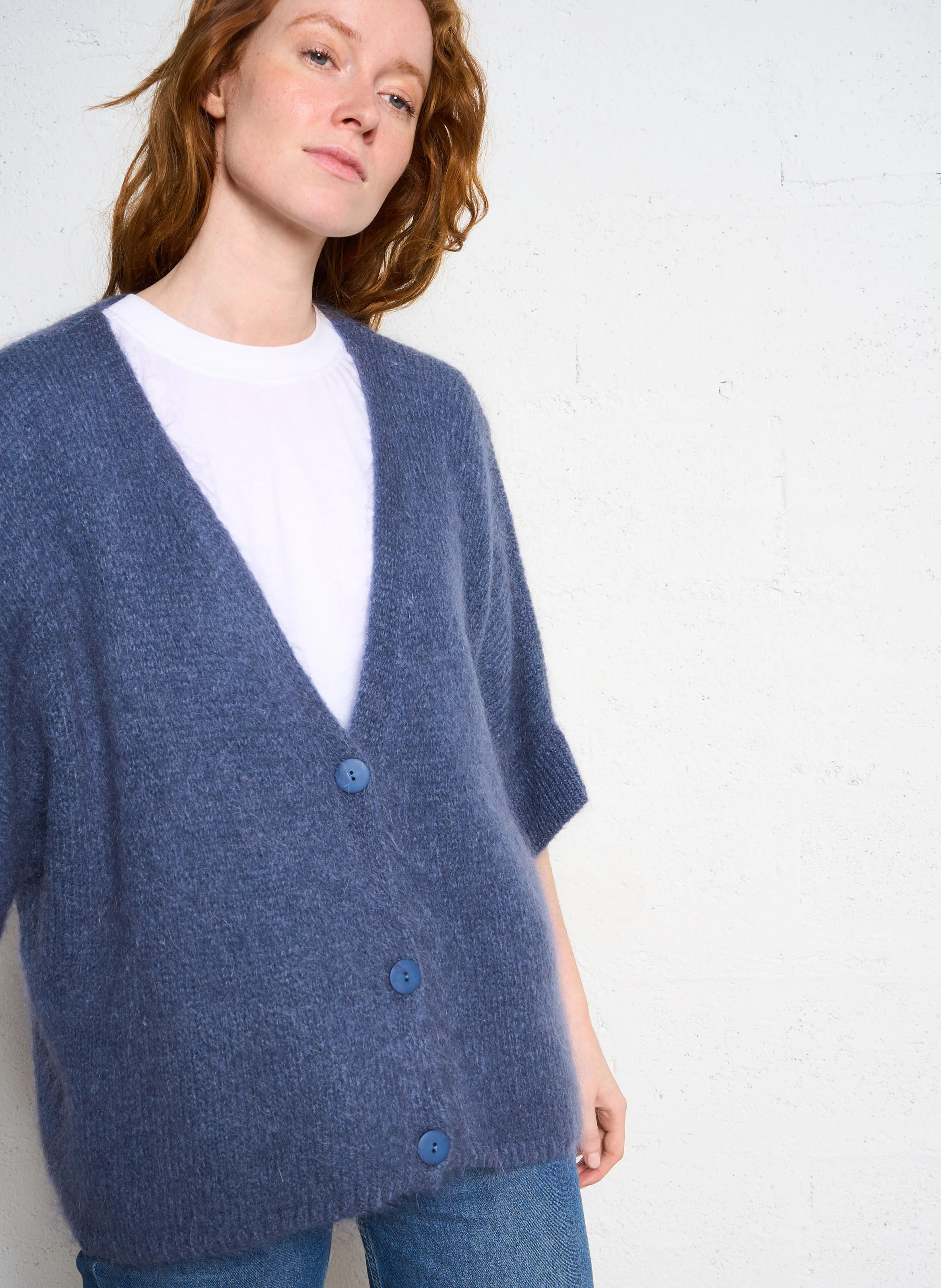 Gilet à col V ample en maille mélangée | Bleu