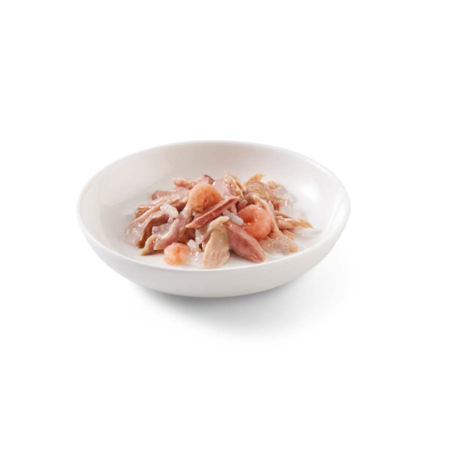 Sachês de 85g de atum com camarão Schesir para gatos adultos.