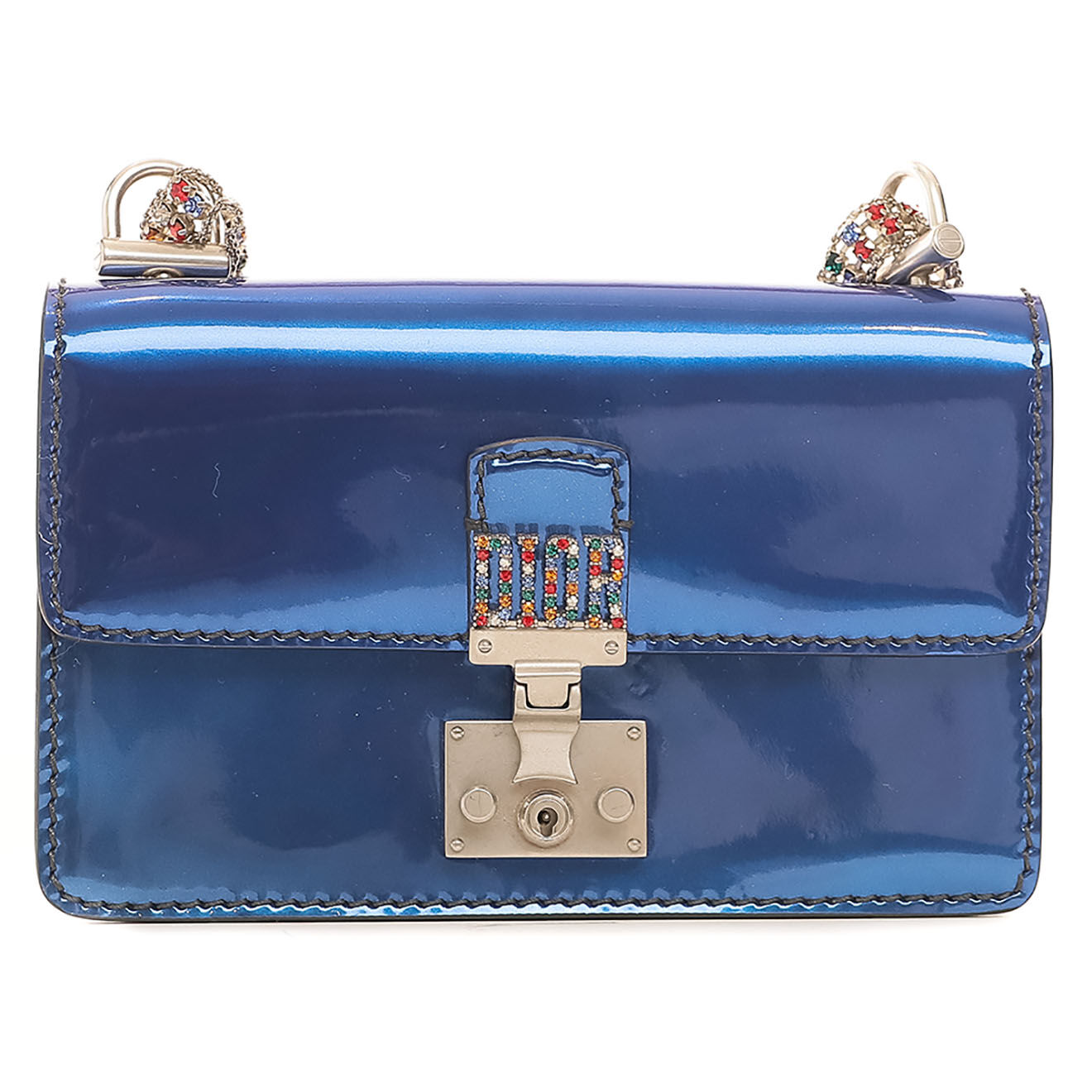 Dior Sac bandoulière en Cuir verni Strass bleu - Très bon état - Longueur 17.5 cm