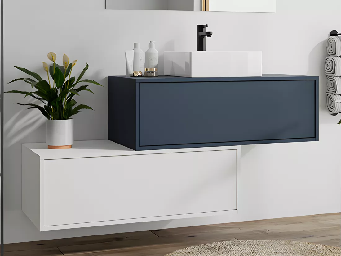 Meuble de salle de bain suspendu bleu nuit et blanc avec simple vasque carrée et deux tiroirs - TEANA II