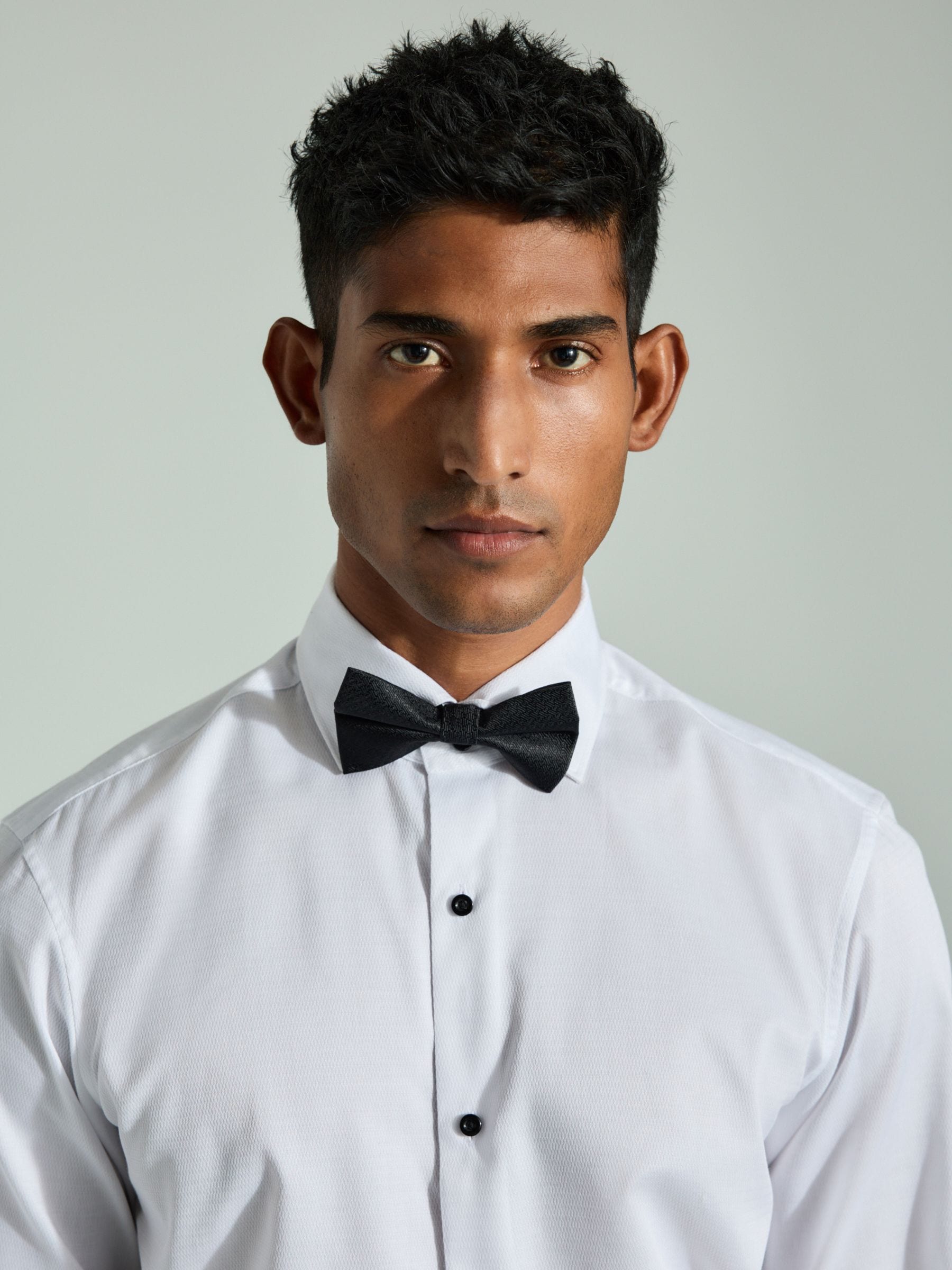 Witte structuur/zwarte vlinderdas - Regular Fit Double Cuff Shirt And Bow Tie Pack