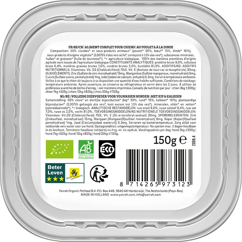 Yarrah biologisch hondenvoer paté kip en kalkoen 150 g