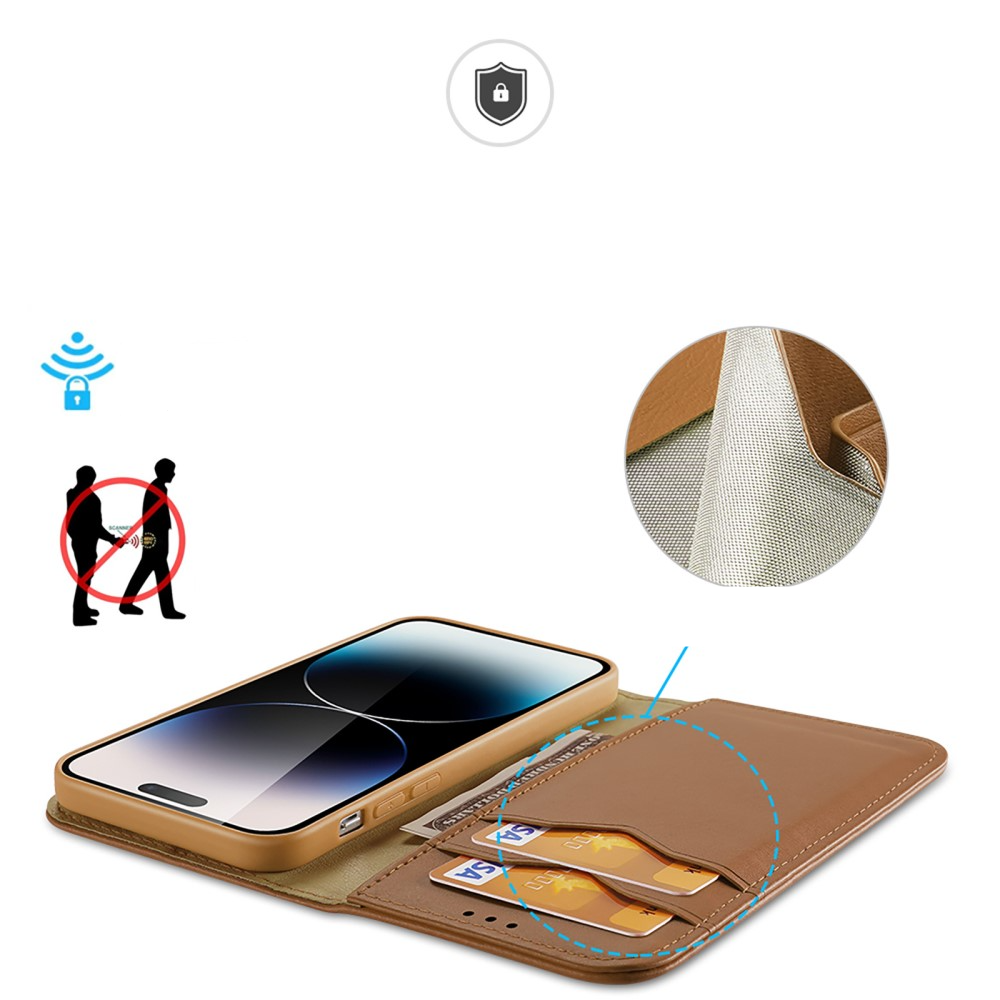 iPhone 15 Pro Flip Wallet Cover Echtleder Tasche (RFID Schutz) - Braun